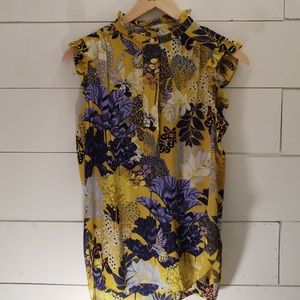 Mustard and blue sleeveless printed top